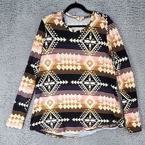 Mumu Mellow Top Womens Medium Black Brown Aztec Print Long Sleeve